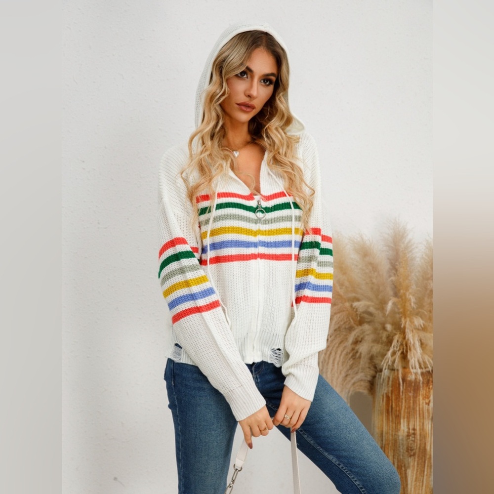 White and Colorful Striped Hooded Cardigan - Picture 6 of 7